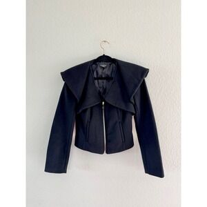 Bebe Womens Black Wool Blend Cropped Jacket Oversized Shawl Collar Zip Small
